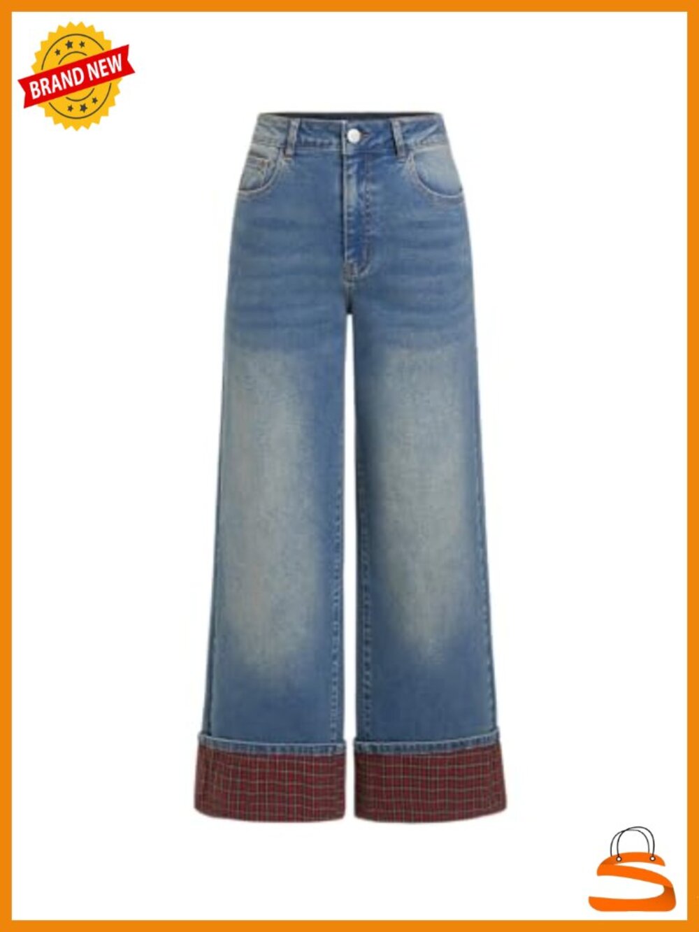 Stretchy Wide Leg Jeans with Plaid Cuffed Hem